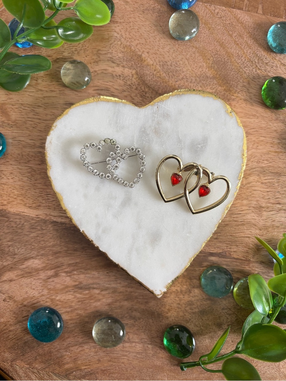 Double Heart Gold with Red Crystal Accent & Silver Crystal Double Heart Brooches